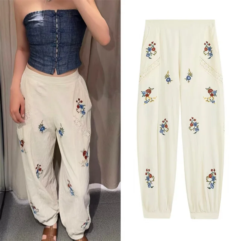 Guobioziy Women's Long Pants 2026 Summer New Beige Embroidered Flower Decor Loose Lantern Pants Casual Fashion Beach Vacation