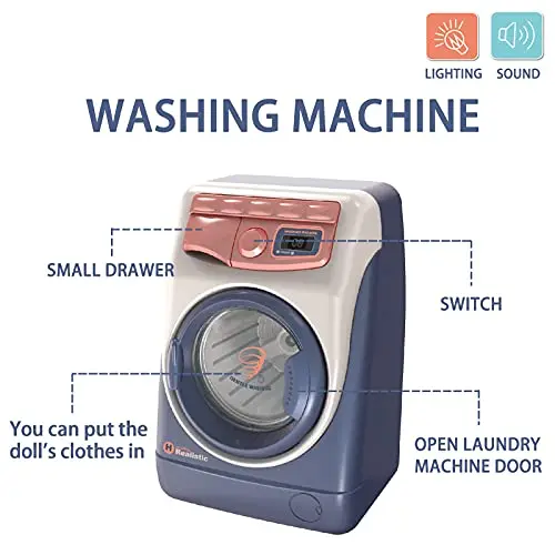 Mini brinquedo de máquina de lavar roupa infantil com tambor giratório, adição de água, música e luz – fingir jogar presente educacional de aparelho de casa de bonecas