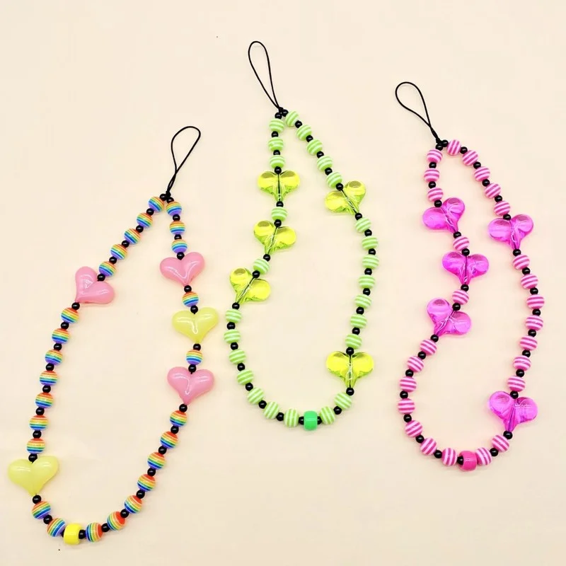 Mobile Phone Lanyard Chain Anti-lost Fashion Color Acrylic Rainbow Beads Wrist Chain DIY Resin Love Heart  Bracelet  for Women