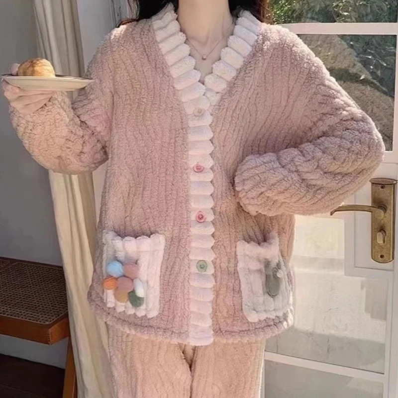 EVNISI-Conjunto de cárdigan holgado y pantalones de cintura elástica para mujer, pijama de terciopelo con flores 3D, traje de lana cálido para otoño e invierno, 2 piezas