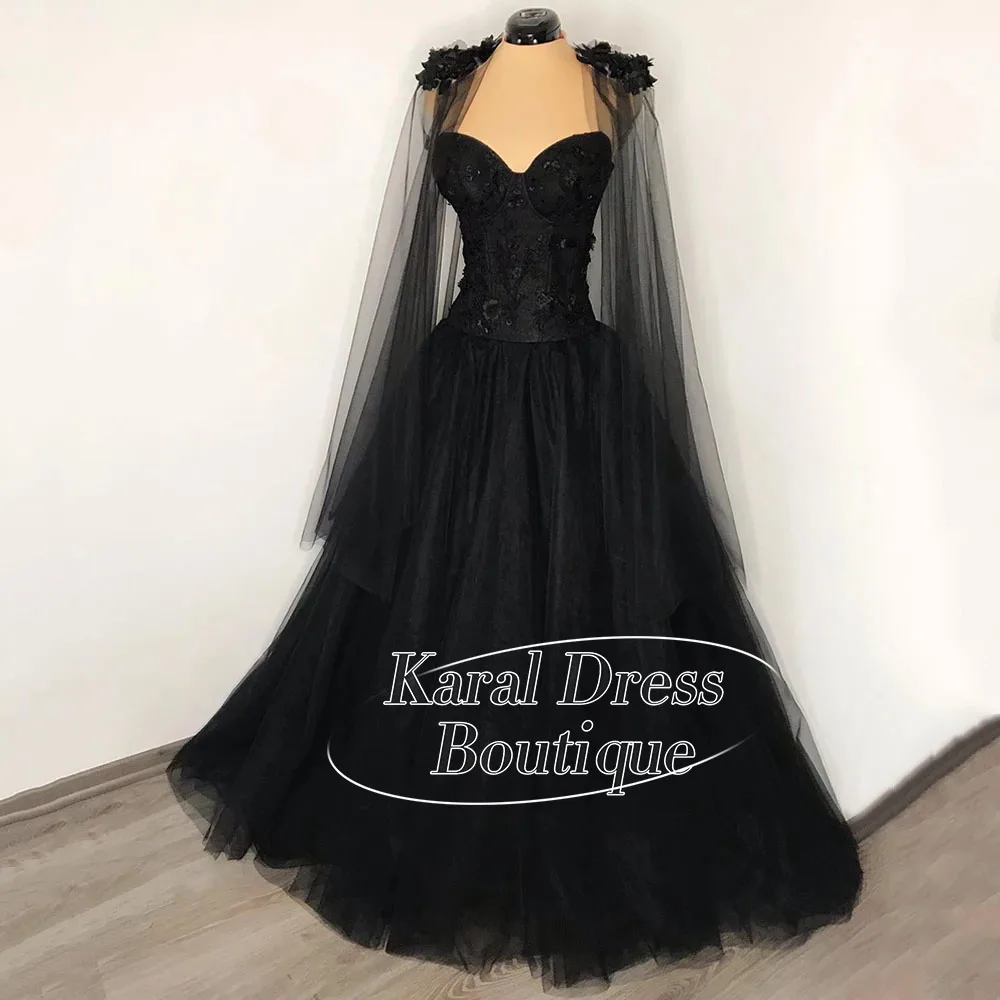 

Готическое платье в Дубае, черные свадебные платья, милое платье без рукавов с цветочной аппликацией и скользящим шлейфом, платье de novia, платья невесты