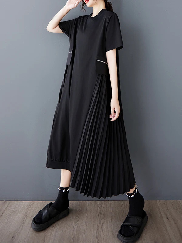 Coreano Sle rotondo Ne Loose Zipper Splice ort Sve Dr Donna Vintage A-Line Midi Dr Primavera Estate Autunno