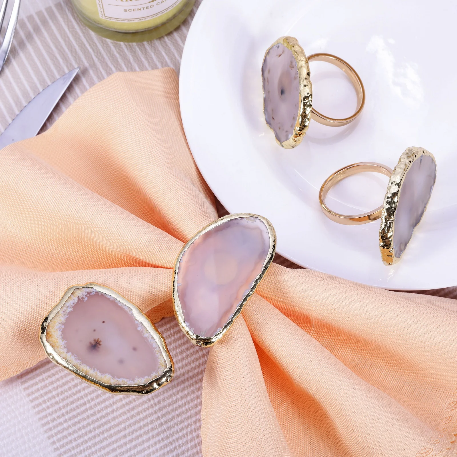 Natural Ágata Slice Guardanapo Pano Titular Elegante Pano Titular, Anéis Fivela, Ação de Graças Wedding Dinner Party, Decoração de Mesa, 4pcs