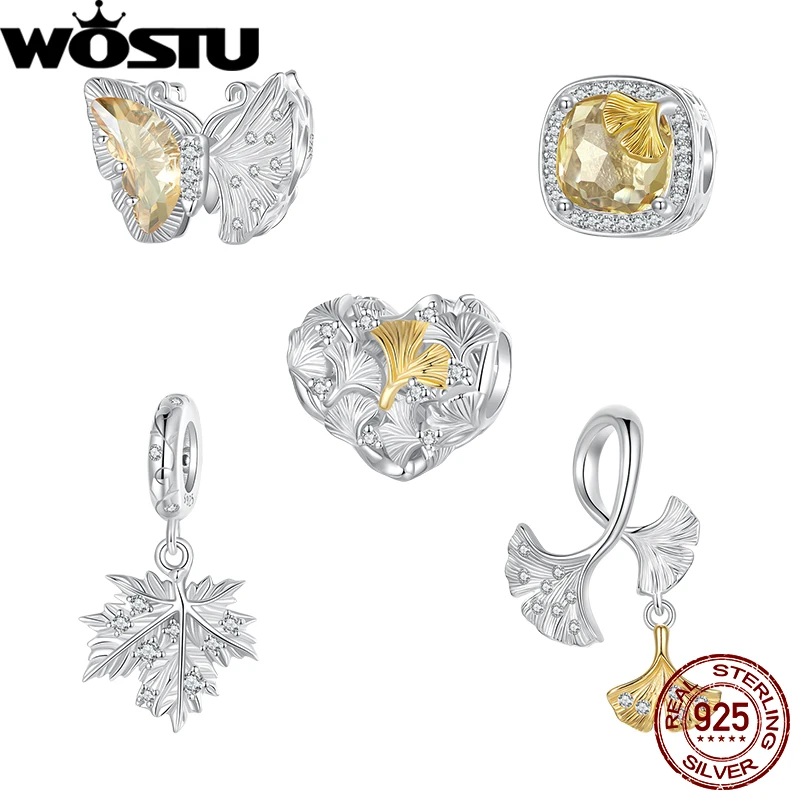 WOSTU 925 Sterling Silver Two-tone Ginkgo Leaf Pendant Golden Autumn Maple Beads Fit Original Bracelet DIY Jewelry Making Gift