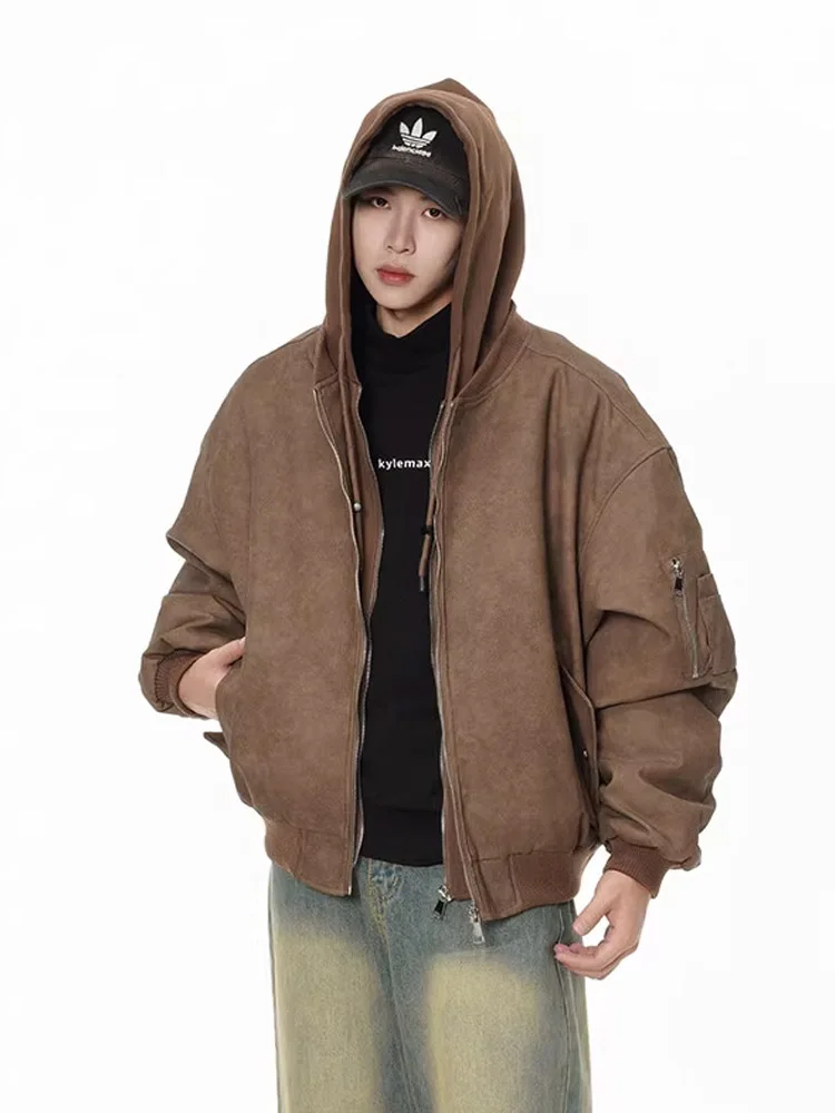 

Men's Bomber Pilot Jaet Cotton PU Leather ort Baseball Coat Hooded Outerwear Warm Thiened Winter Faion Casual Wear
