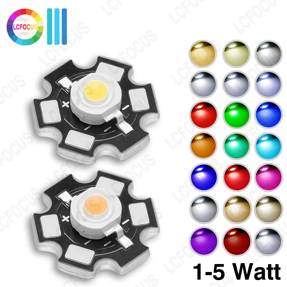 

10pcs 1W 3W 5W LED Chip Warm Cold White Deep Red Green Royal Blue Yellow with 20mm Star PCB For Aquarium Grow Lamp Light Beads