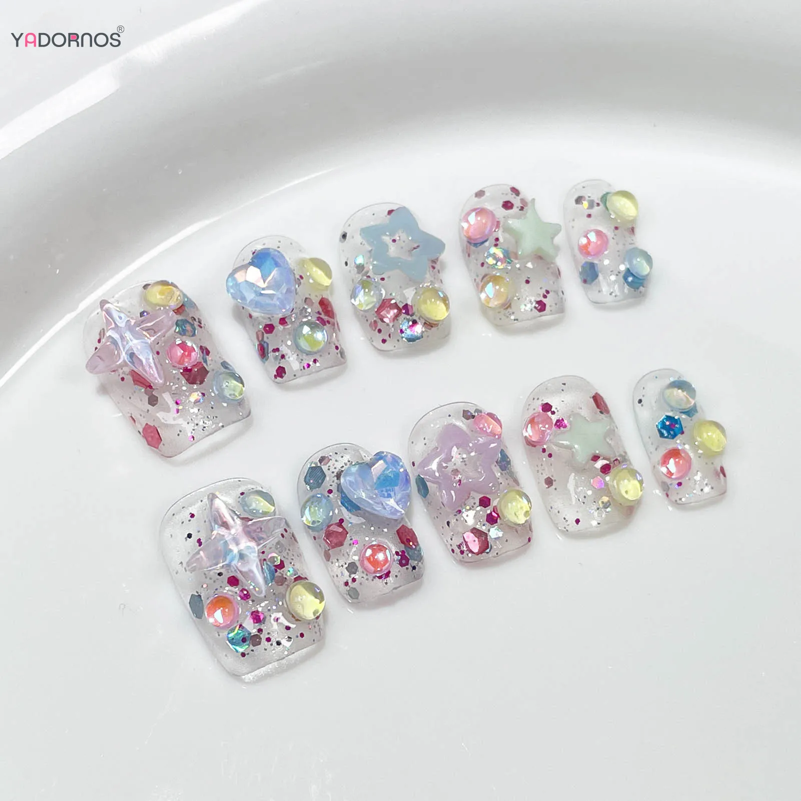 

Summer Fake Nails Clear Handmade Press on Nails 3D Colorful Sequins Star Designs False Nails Tips Short Charms Manicure 10Pcs