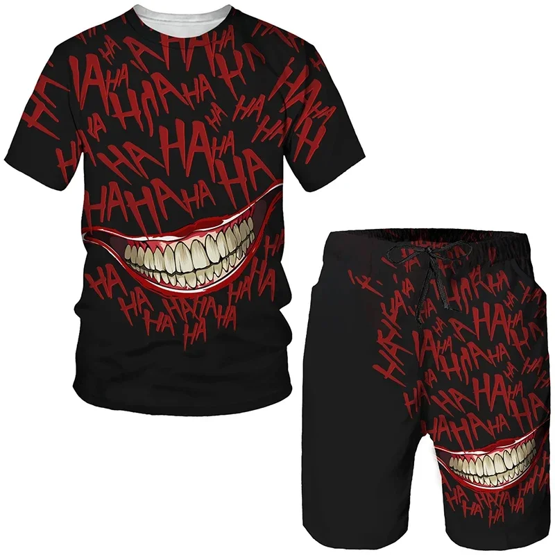 Conjunto de treino com estampa 3D palhaço masculino, camiseta e shorts hip-hop, terno streetwear casual, roupas de verão, 2 peças