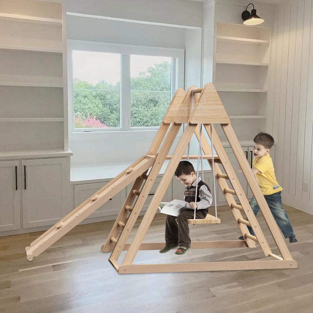 4-in-1 Juniper Indoor Play Gym Speelset met babyschommel Ladder Klimmuur Opvouwbare houten speelset Indoor Jungle Gym voor kinderen