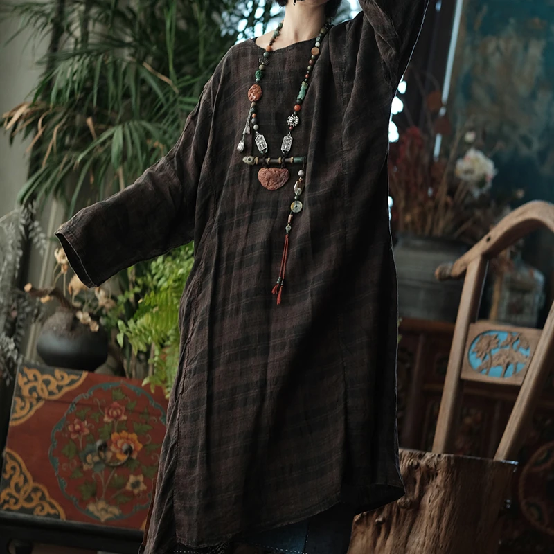 

Женское хлопково-льняное повседневное платье, Новое поступление, осень 2022, винтажный стиль, свободные удобные женские длинные платья в полоску с круглым вырезом M2135