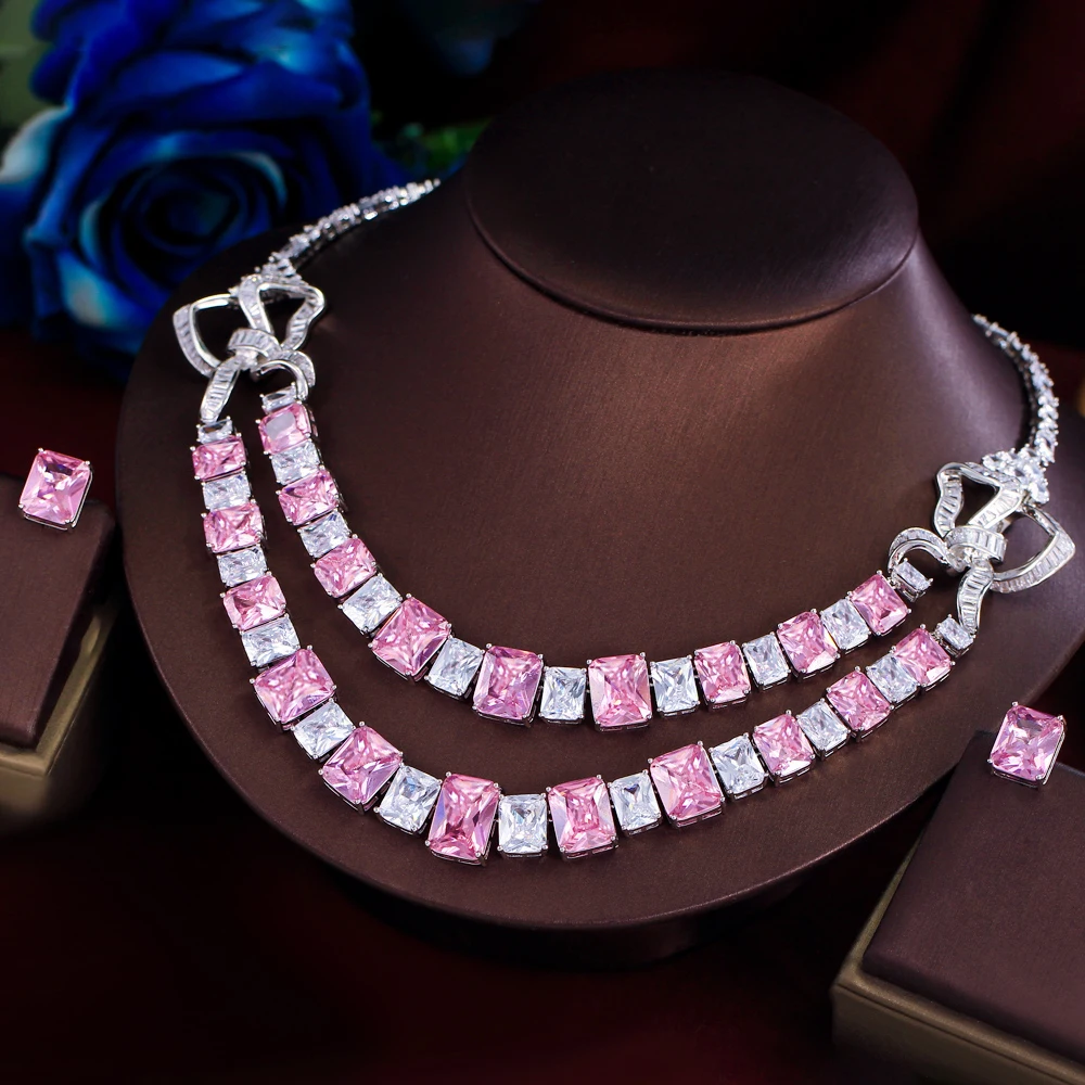 ThreeGraces Luxury Shining Pink Zirconia 2 Layer Design Big Square CZ Bridal Wedding Evening Party Jewelry Set for Women T1043