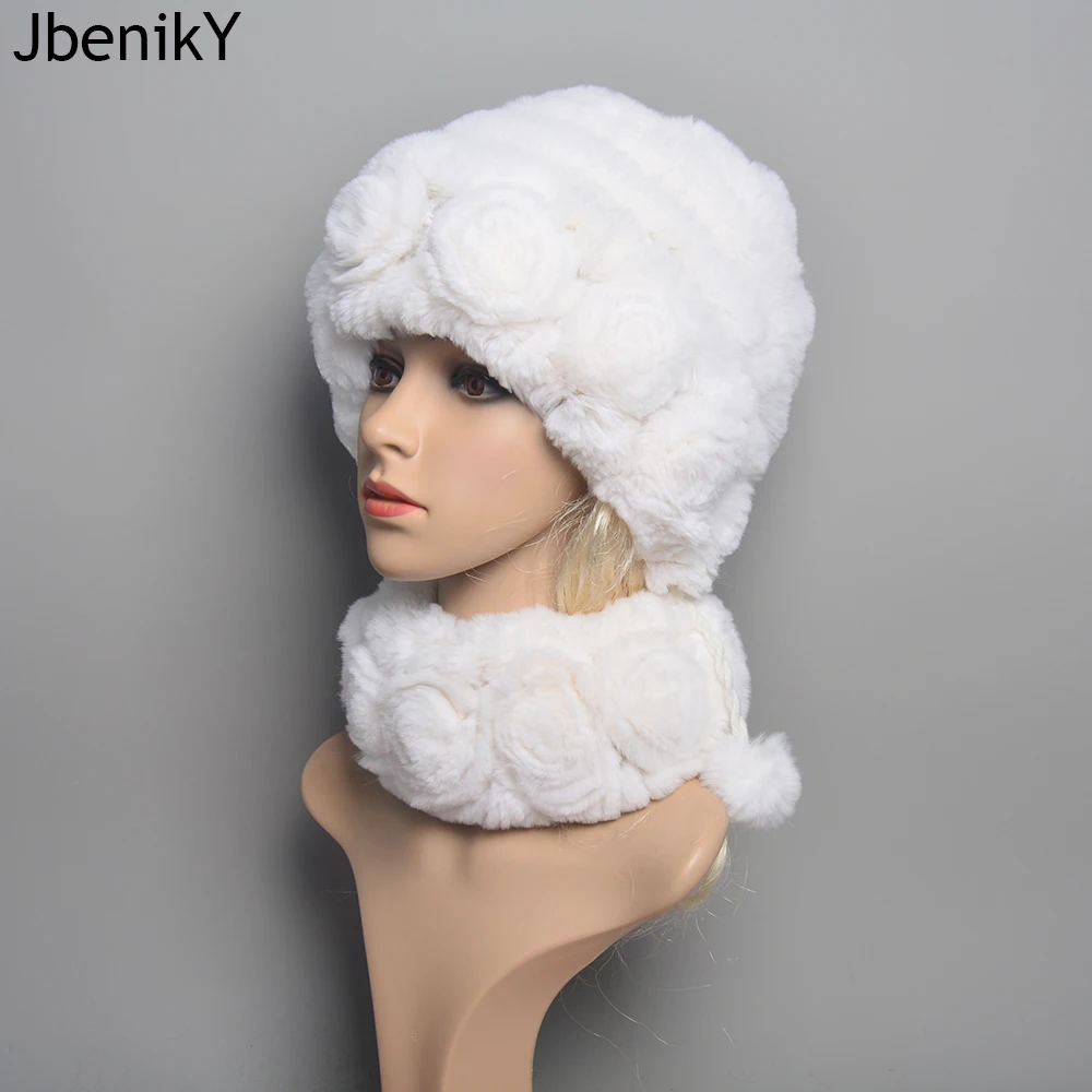 

New Women Winter Luxury Real Rex Rabbit Fur Hat Scarf Sets Women Warm Real Rex Rabbit Fur Scarf Hat Set Knitted Fur Muffler Cap