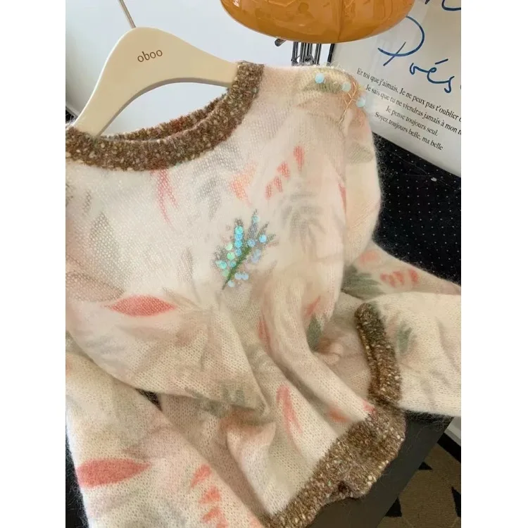 

Женский свитер оверсайз из мягкого кашемира с объемным принтом и блестками, в стиле колор-блок, с длинными рукавами и круглым вырезом, премиум-класса, очень уютный.