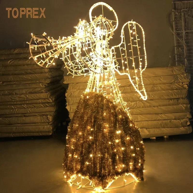 IP65 Rated Outdoor Christmas Decoration 3D Metal Motif of Lighted Angels with Trumpets Wings Playing Harp for Holiday