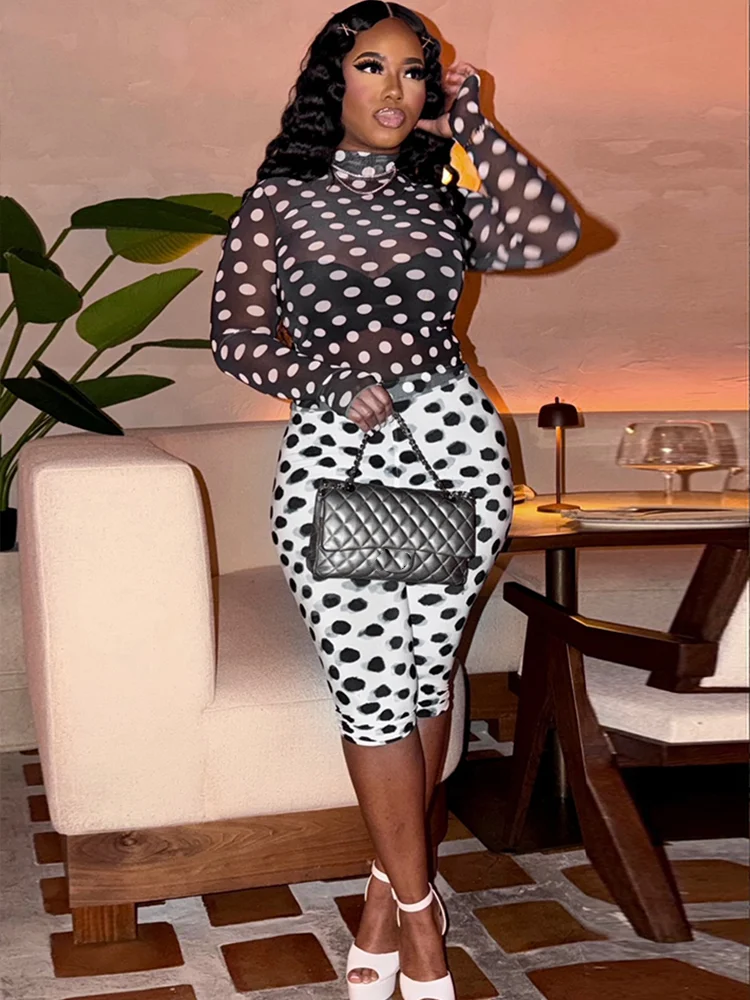 Leosoxs Polka Dot Print 2-Piece Set Women Turtleneck See Through Full Sleeve Crop Tops+Simple Color Blocking Short Streetwear