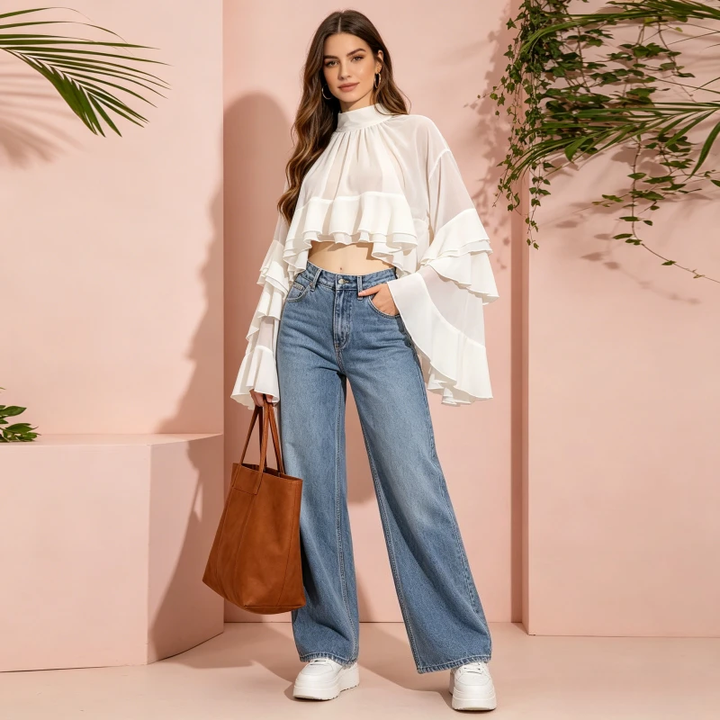 

Tops Women Top Mock Neck Flare Sleeve Ruffled Mesh Sheer Y2k Streetwear Plain Pleated Elegant Splice Casual Work 2026 Summer