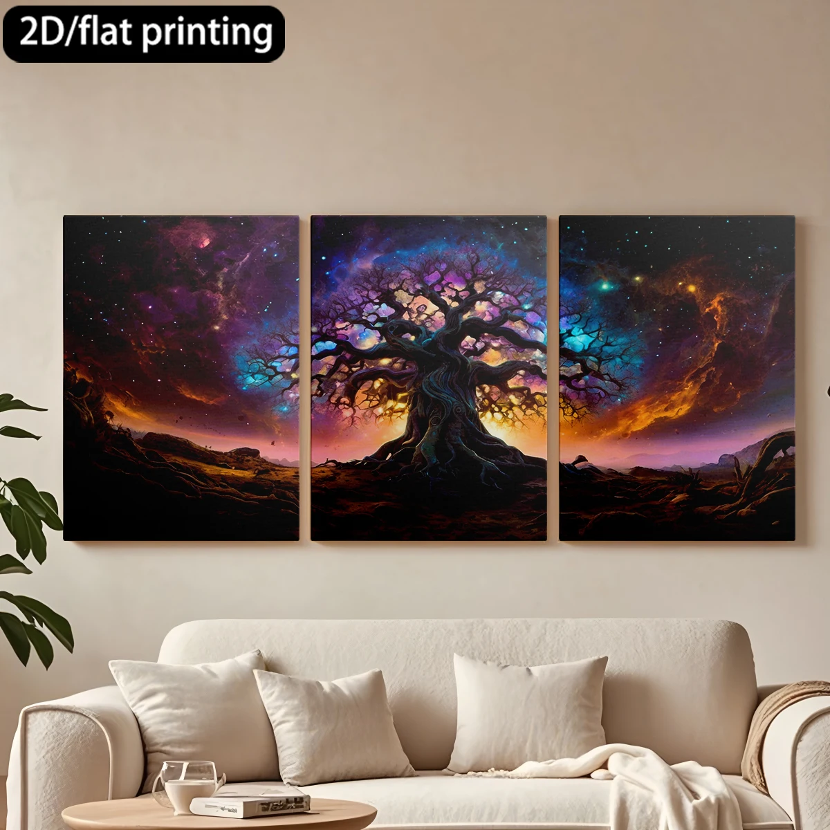 

Набор из 3 картин на холсте в деревянной раме: Величественное дерево, космический пейзаж, звезды. Декор для коридора и спальни.