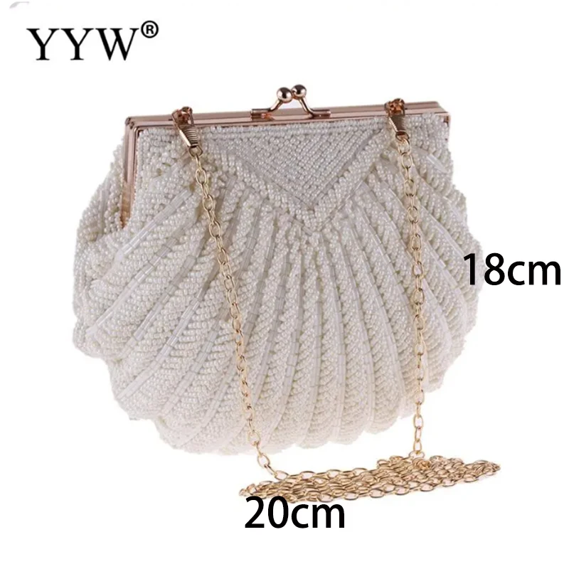 Elegant Pearl Beading White Shell Pochette Women Wedding Purse And Handbag Lady Embroidery Mariage Evening Banquet Clutch Bag