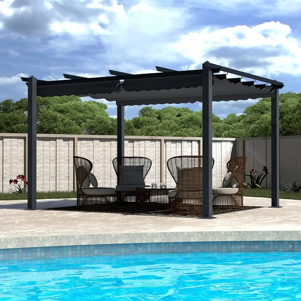 10x13ft Pergola, Metal Pergola w/Thicker Post & Upgraded Retractable Canopy, Heavy-Duty Aluminum, Gazebos Outdoor Shelter, Beige