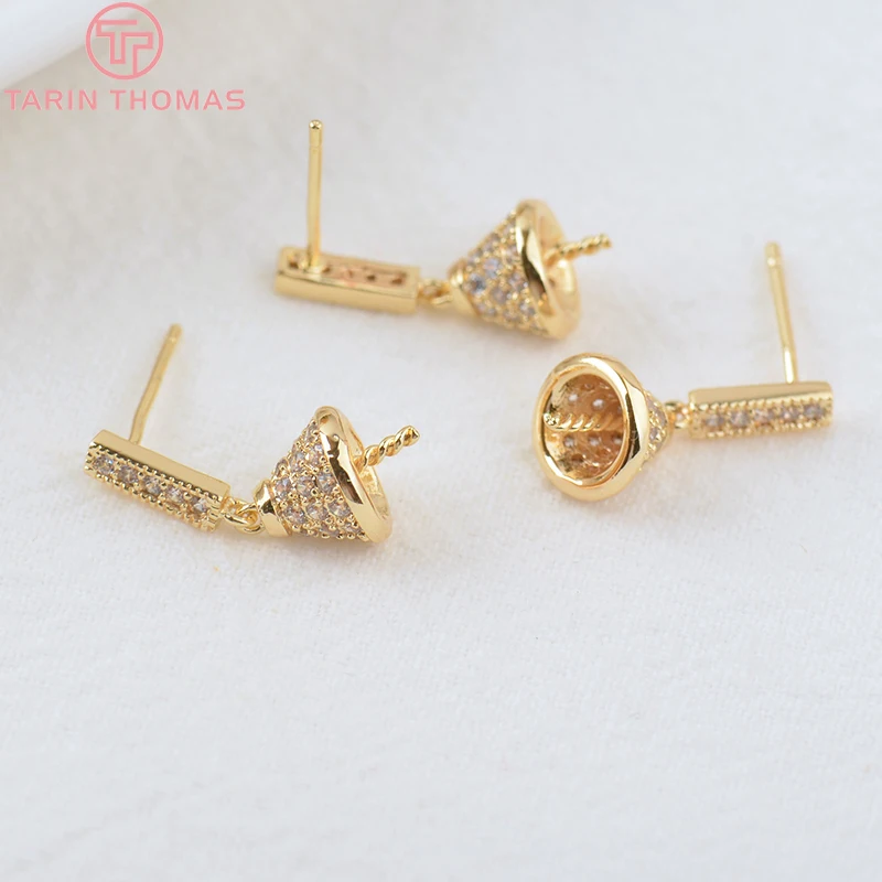 (2075) 2PCS 17MM 24K Gold Color Brass with Zircon Stud Earrings with Half Pin Stud Earrings High Quality Jewelry Making Finding