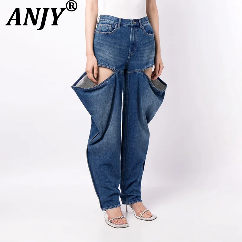 

ANJY Woman Y2K Chic High Street Stylish Design Sense Pencil Jeans Vintage Versatile Hollow Out Slimming Casual Denim Pants A8519