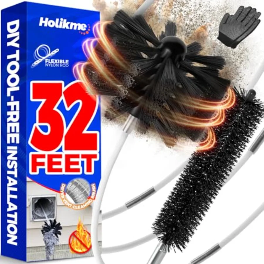 

32 Feet Dryer Vent Cleaner Kit Lint Remover Fireplace Chimney Brushes Extends Up to 32 Feet Synthetic Brush Head Use with or Wi