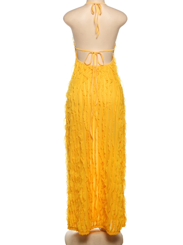 Whatiwear koraliki dekoracyjna sukienka damska sznurowana Halter głęboki dekolt bez pleców wakacje trend uliczny solidna marszczona elegancka długa obcisła