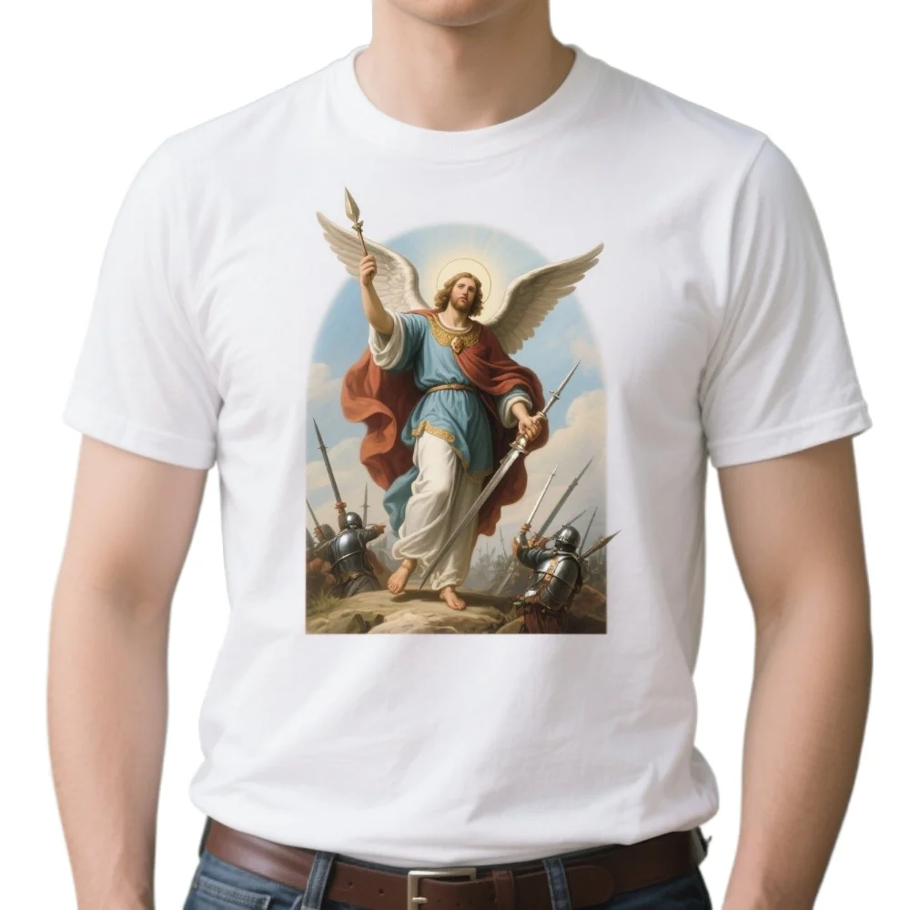 

Saint Michael Defend Us In Battle. Catholic Christian Gift T-Shirt 100% Cotton O-Neck Summer Short Sleeve Casual Mens T-shirt