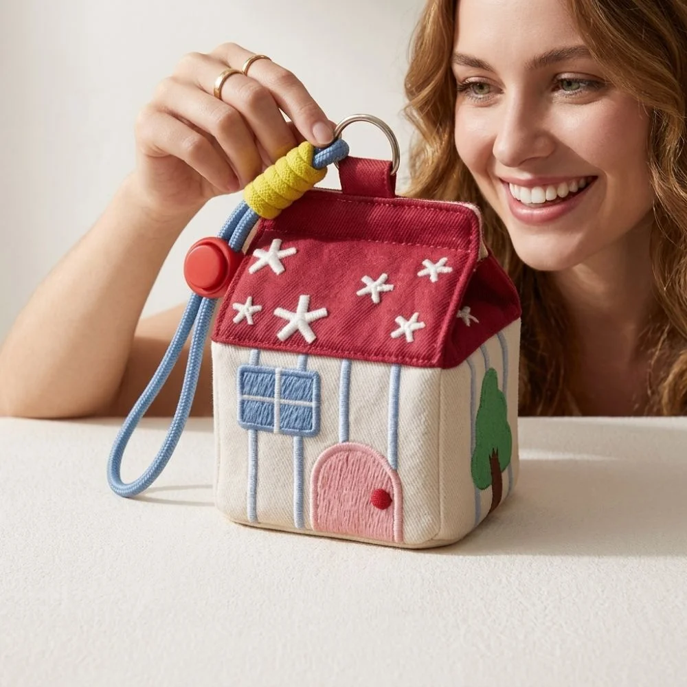 Kawaii Red House Coin Purse Embroidery Pattern Mini Keychain Earphone Bag Large Capacity Hanging Rope Makeup Bag Multipurpose