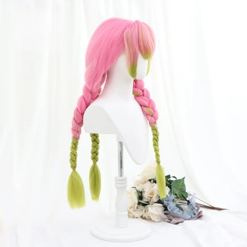 Cosplay Wig Character From Demon Slayer Mitsuri Kanroji Pink Gradient Corn Hair with Super Thick Braids Cosplay Machine Wigs