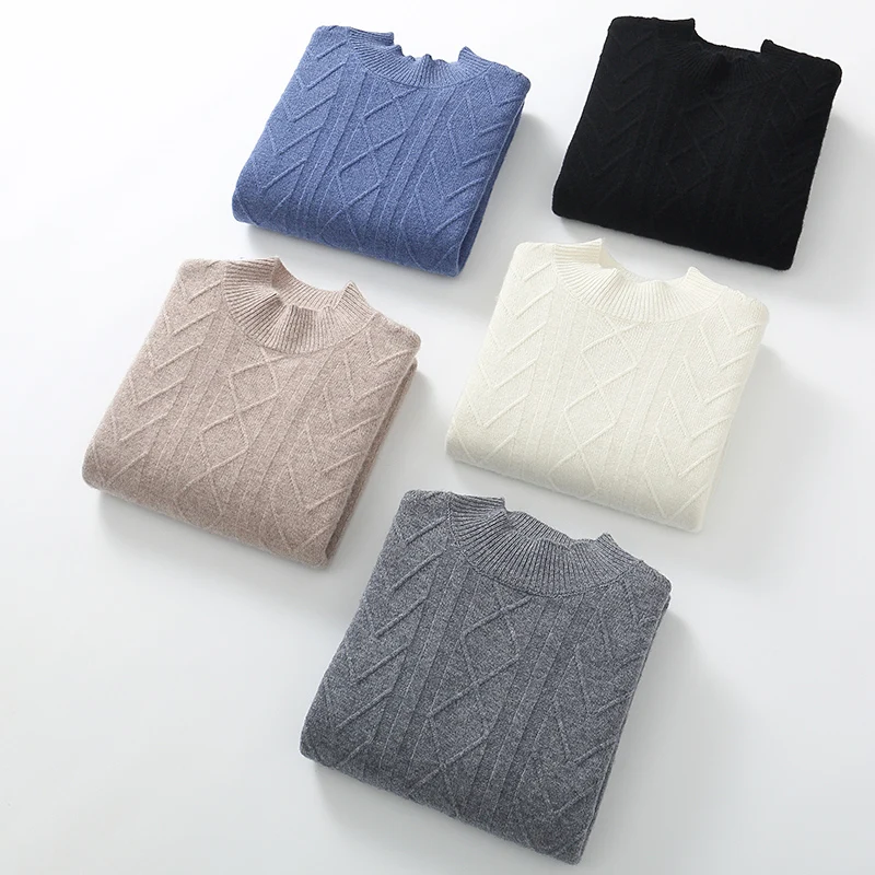 ファッション 100% メリノウールカジュアル無地ハーフタートルネックジャカードセータープルオーバーカシミヤ快適なソフト服トップ
