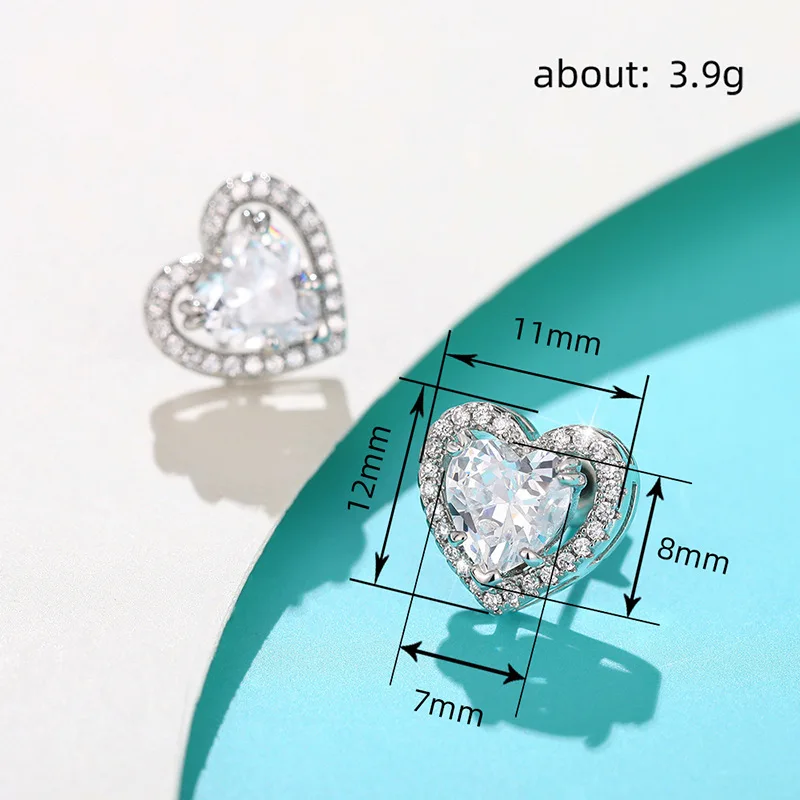 Classic Love Heart Stud Earrings Crystal Cubic Zirconia Eternity Timeless 925 Silver Needle Women Earrings Girl Gift Jewelry