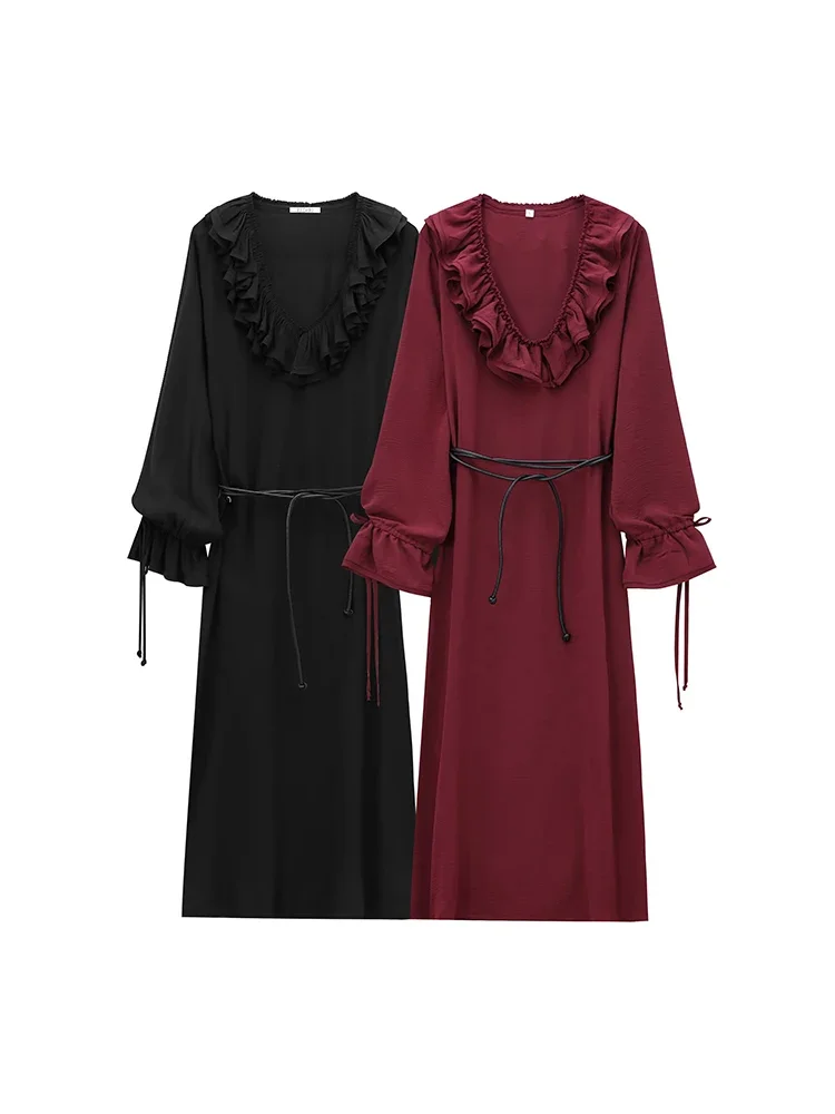 

Willshela Women Fashion With Belt Ruffled Loose Midi Dress Vintage V-Neck Long Sleeves Female Chic Lady Dresses