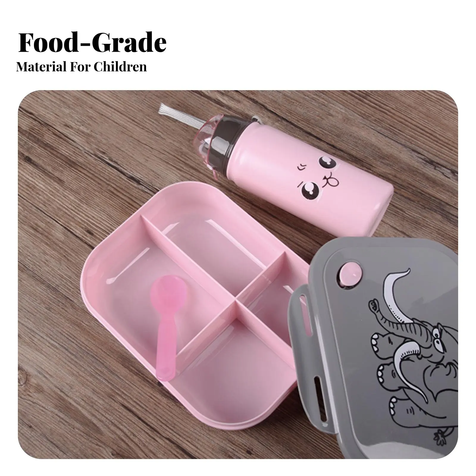 

Student Plastic Bento Box, Rectangular Lunch Box with Water Bottle, Cute Elephant Cartoon, Compartmentalized, Portable Tote