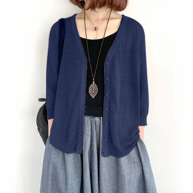 

Свободный тонкий вязаный кардиган с защитой от солнца, ажурный, в корейском стиле, прямой крой, с длинными рукавами, V-образный вырез, стандартная длина