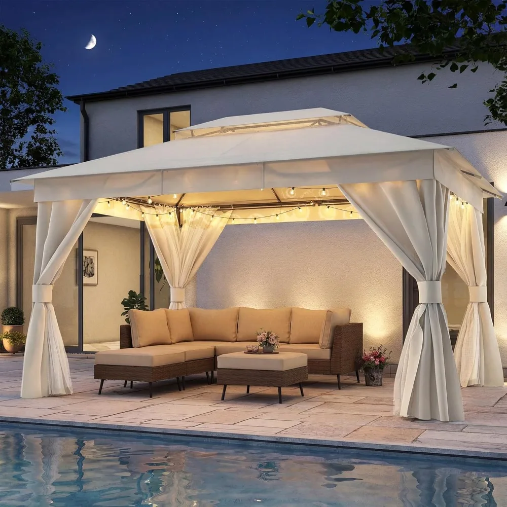 

Outdoor Patio Gazebo 10'x13', Heavy Duty Party Tent & Shelter with Double Roofs, Mosquito Nettings and Privacy Screens