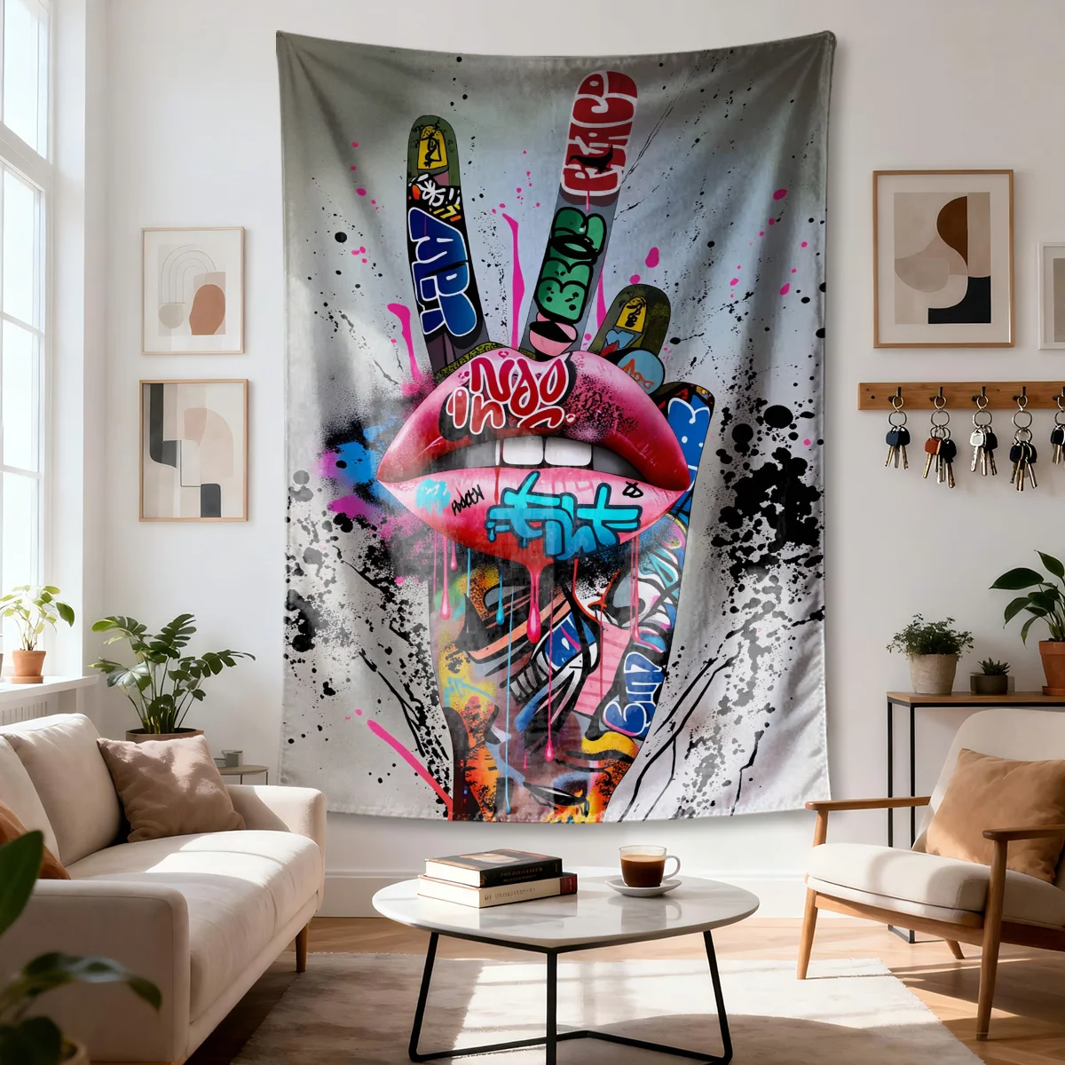 Doodle-style hands and lips Digital printing polyester wall tapestry suitable for use living rooms bedrooms offices bars party