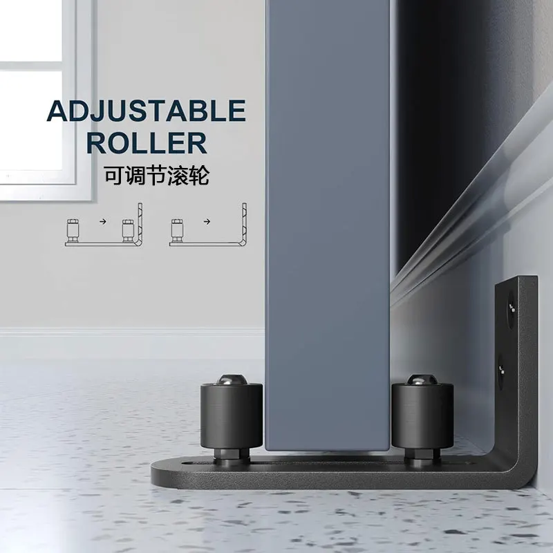 مجموعة واحدة من سدادة التأرجح معلقة لباب الحظيرة الأمريكية، باب منزلق مضاد للتأرجح غير مشقوق على شكل حرف L دليل أرضي بعجلة مزدوجة