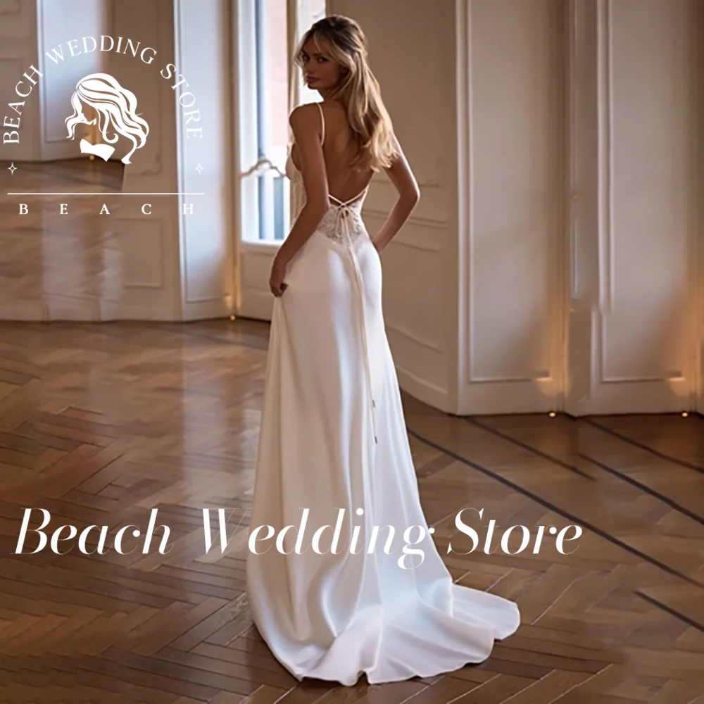 Sukienka ślubna typu sheath z satyny, na ramiączkach spaghetti, z dekoltem w serduszko, koronkowym haftowanym gorsetem, na plażę, Vestidos De Novia, szyta na miarę.