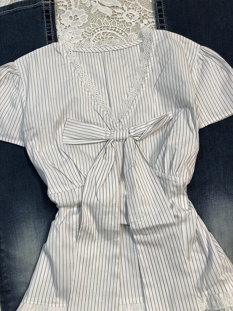 Original Sweet Sle Abnehmen Weiß Gestreifte Taille-Cinching V-ne ort Sve irt für Frauen Faionable Herbst Baumwollmischung