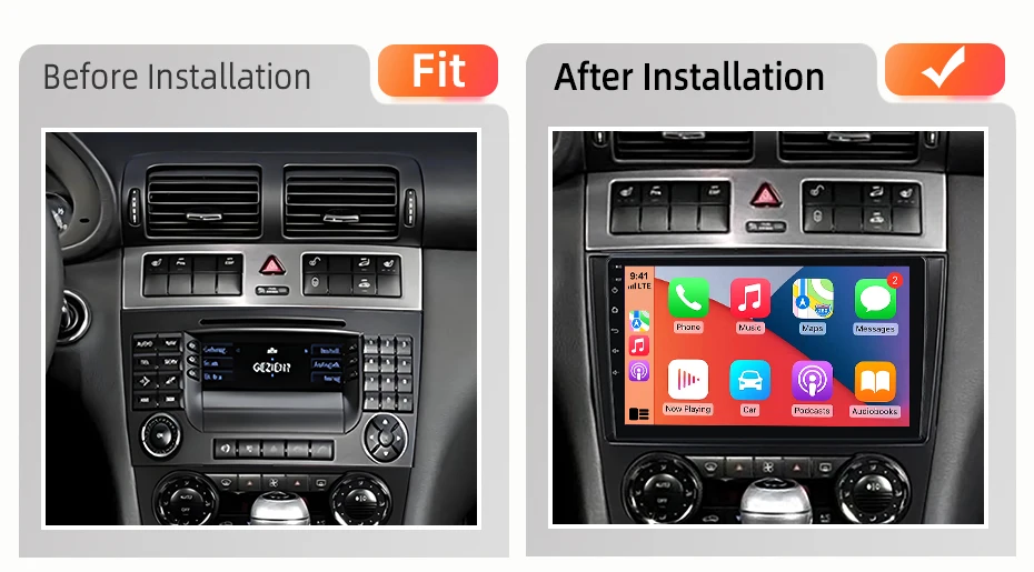 AWESAFE Kabelloses CarPlay Android Auto Radio für Mercedes Benz W203 C180 C200 C220 C230 2005-2009 Plug & Play FM BT RDS DSP GPS – Detail 3