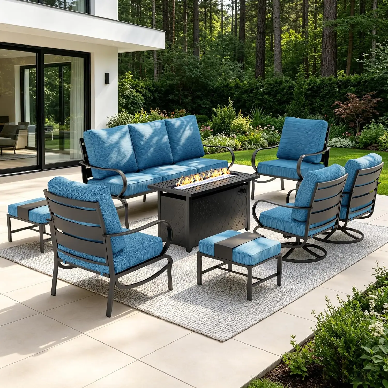 Patio Furniture Set Fire Pit Table Outdoor Sectional Sofa Peacock Blue, Customized