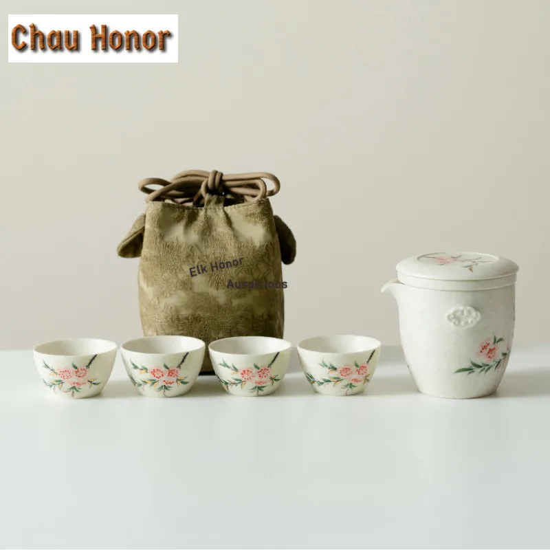 

Чистый ручной роспись с цветком персика, дорожный чайный сервиз, креативный 1 горшок, 4 чашки, органайзер для приготовления чая, портативная уличная сумка, принадлежности