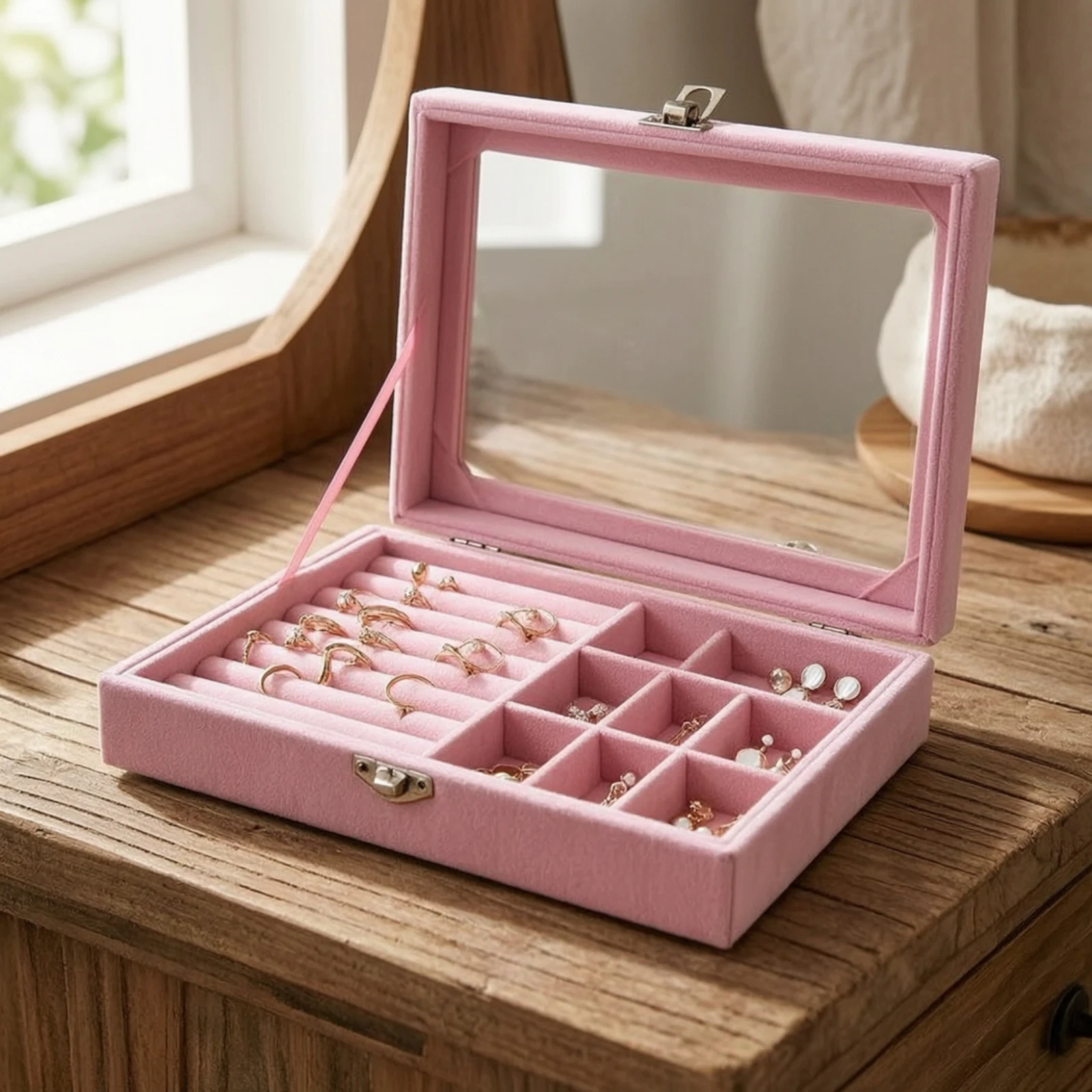 Jewelry Box with Glass Window Rectangular Jewelry Box with Window Organizer Hinged Divided for Women, Dressing Table, Vanity