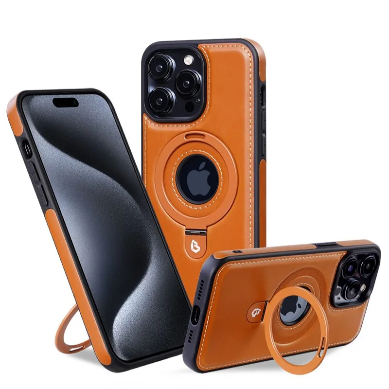 Роскошный чехол для телефона из искусственной кожи с магнитной подставкой и кольцом для iPhone 12, 13, 14, 15, 16 Pro Max Magsafe с полым логотипом и беспроводной зарядкой