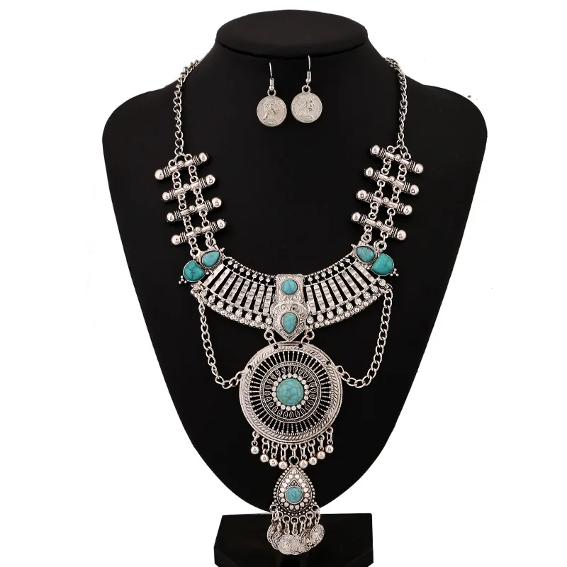 Boho Retro Golden Necklace Earrings Set For Women Luxury Turquoises Long Pendant Earrings Set Indian Bollywood 2023 Jewelry