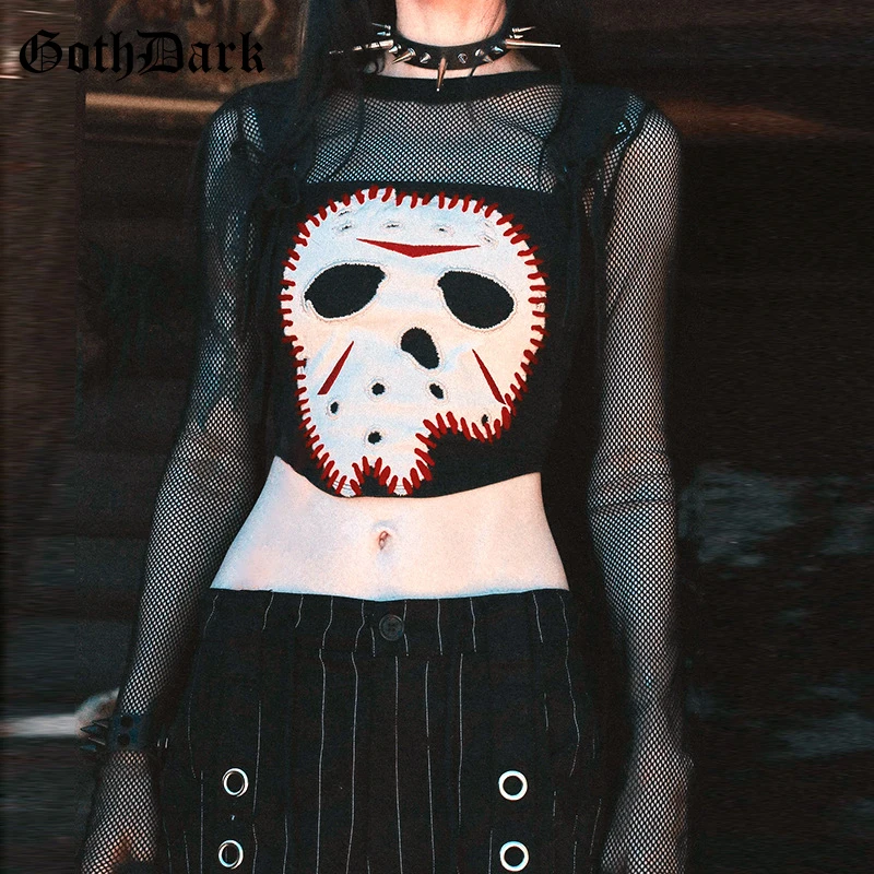 

Goth Dark Mesh Patchwork Sheer T-shirts Harajuku Fashion Skull Print Crop Tops Women Mall Goth Slim T-shirt Alt Streetwear Cloth