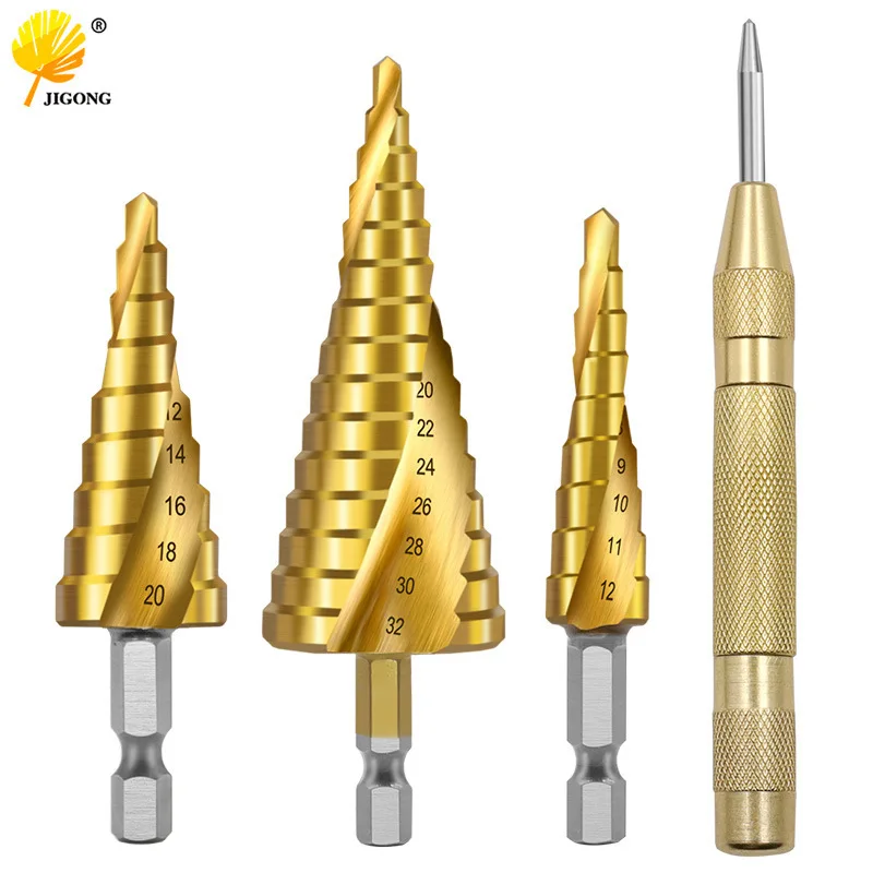 Hexagonal spiral groove step drill and center punch set 4-piece cloth bag set of centering drilling hole reamer