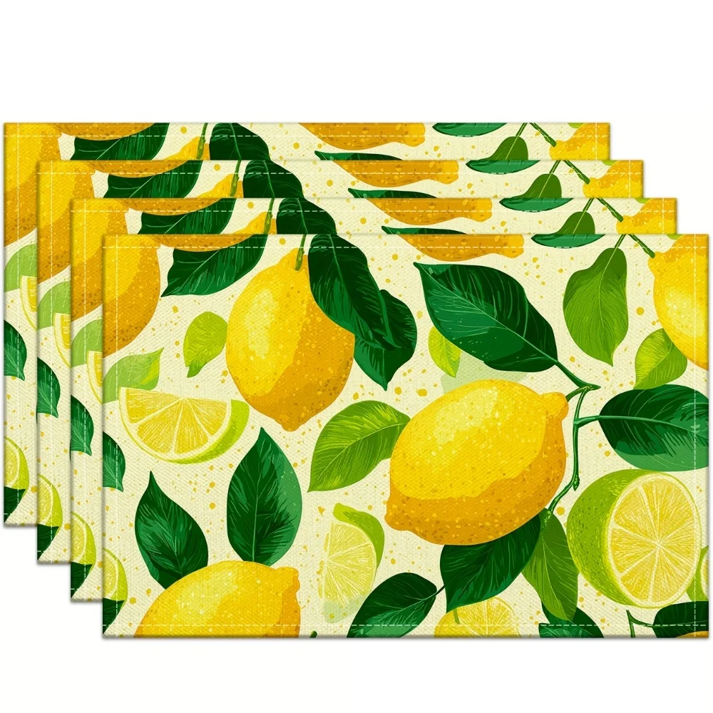 Vibrant Green Lemon Leaf Printed Placemats Botanical Fruit Table Decor Cream Background Sideboard Display Summer Home Decor