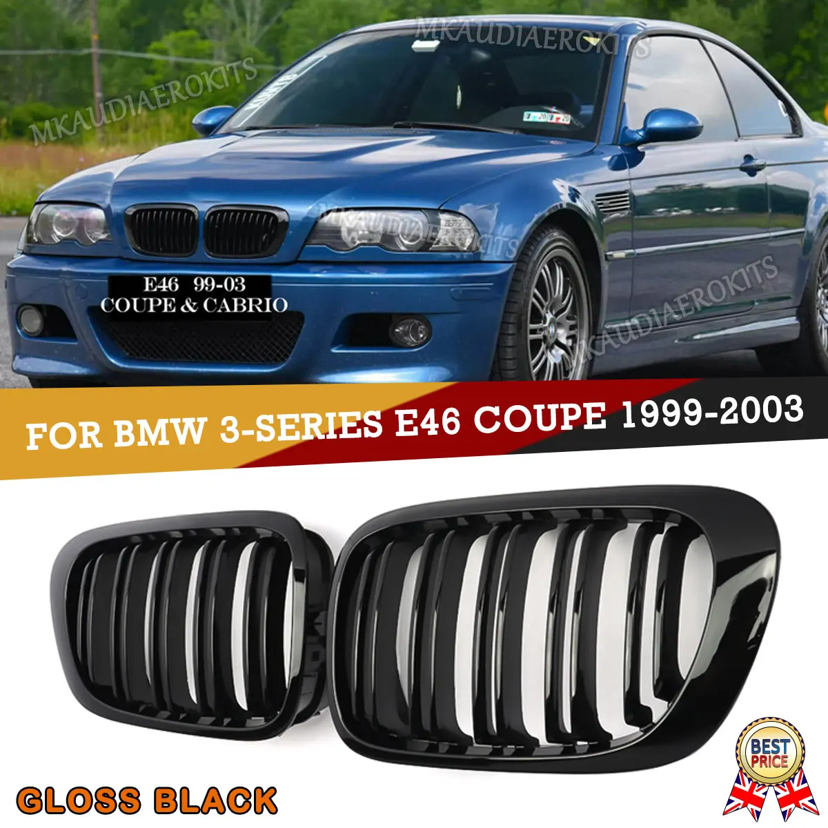

FOR BMW M3 330 Ci E46 Front Bumper Grille 3 Series COUPE 1999 2000 2001 2002 2003 GLOSS BLACK DUAL SLAT PAIR KIDNEY GRILLE GRILL